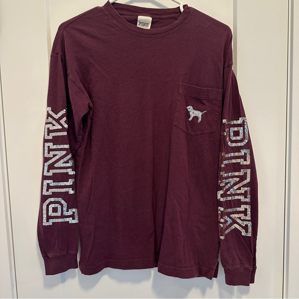 PINK Victorias Secret Maroon Bling Sequin Long Sleeve T-shirt Size XS Women’s